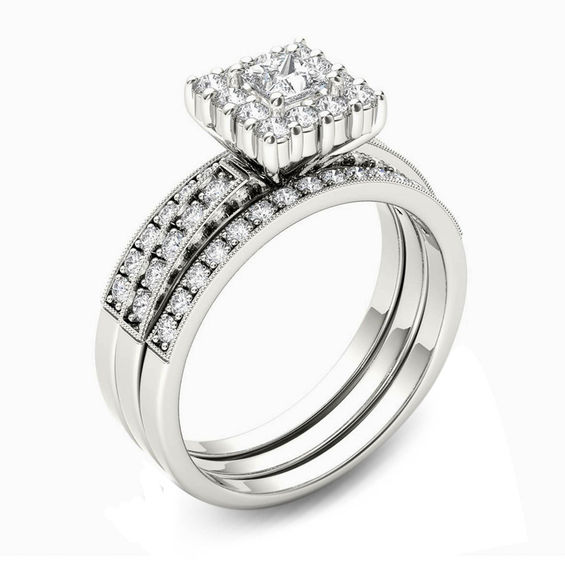 7/8 CT. T.w. Princess-Cut Diamond Frame Three Piece Bridal Set in 14K White Gold