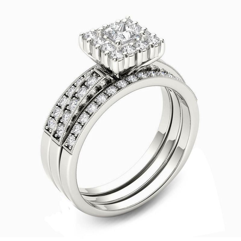 Main Image 2 of 7/8 CT. T.W. Princess-Cut Diamond Frame Three Piece Bridal Set in 14K White Gold