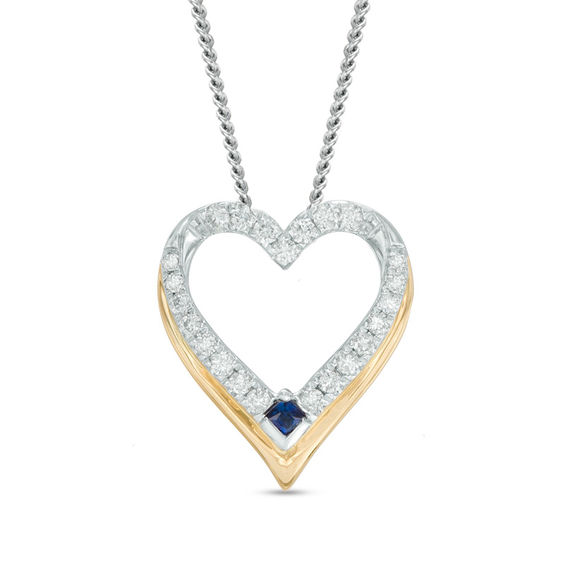 Vera Wang Love Collection Blue Sapphire and 1/20 CT. T.w. Diamond Heart Pendant in 14K Two-Tone Gold - 19"