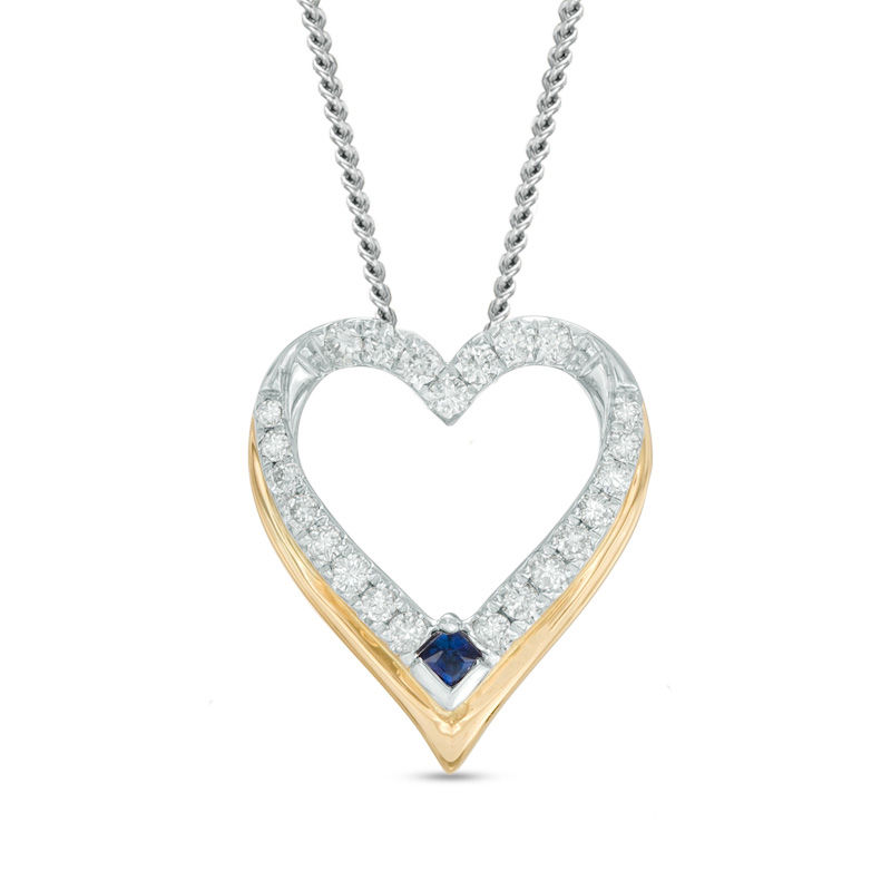 Vera Wang Love Collection Blue Sapphire and 1/20 CT. T.W. Diamond Heart Pendant in 14K Two-Tone Gold - 19"