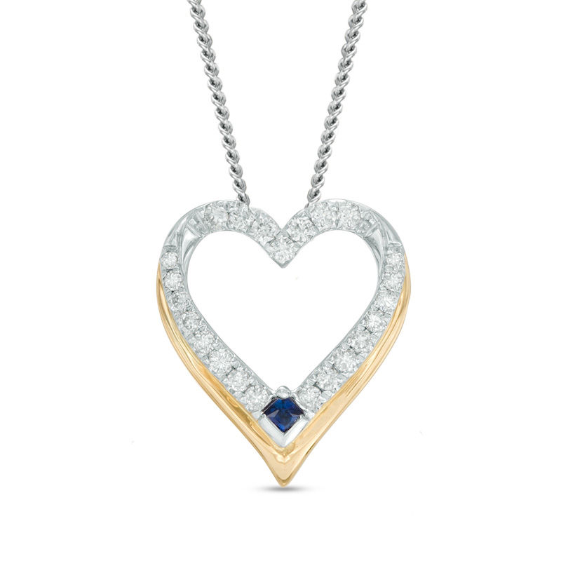Main Image 1 of Vera Wang Love Collection Blue Sapphire and 1/20 CT. T.W. Diamond Heart Pendant in 14K Two-Tone Gold - 19"