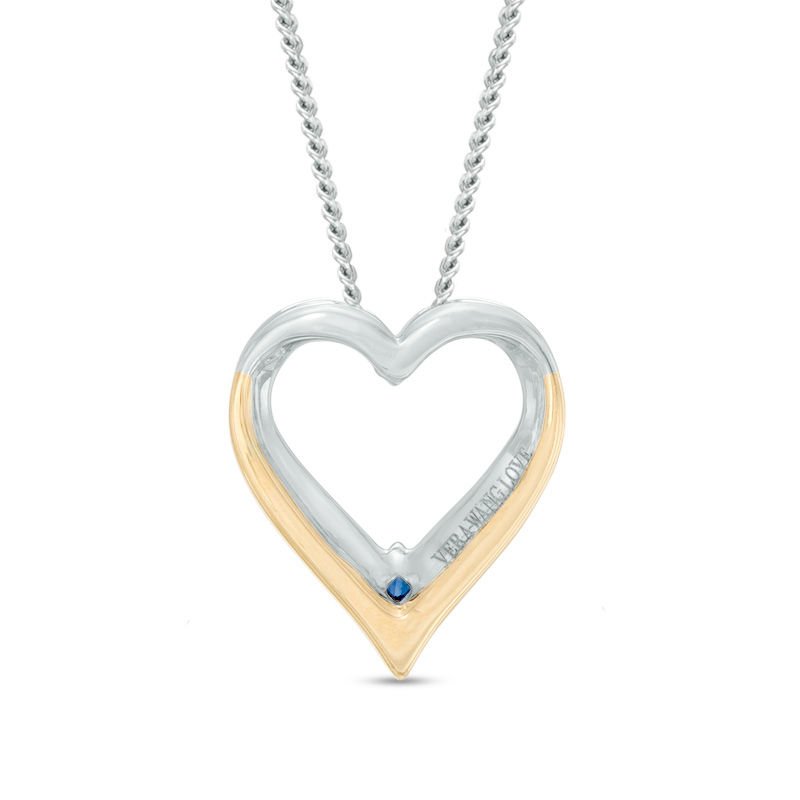 Vera Wang Love Collection Blue Sapphire and 1/20 CT. T.W. Diamond Heart Pendant in 14K Two-Tone Gold - 19"