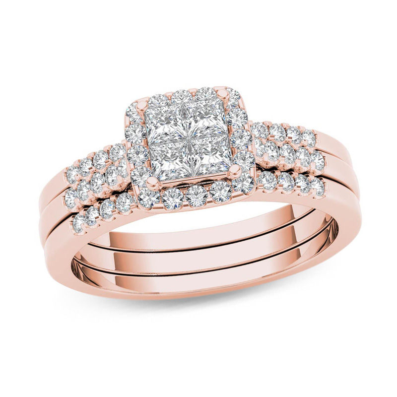 Main Image 1 of 3/4 CT. T.W. Quad Princess-Cut Diamond Frame Three Piece Bridal Set in 14K Rose Gold
