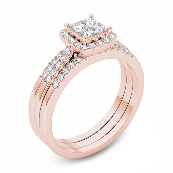 3/4 CT. T.w. Quad Princess-Cut Diamond Frame Three Piece Bridal Set in 14K Rose Gold
