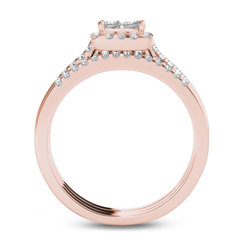 Main Image 3 of 3/4 CT. T.W. Quad Princess-Cut Diamond Frame Three Piece Bridal Set in 14K Rose Gold