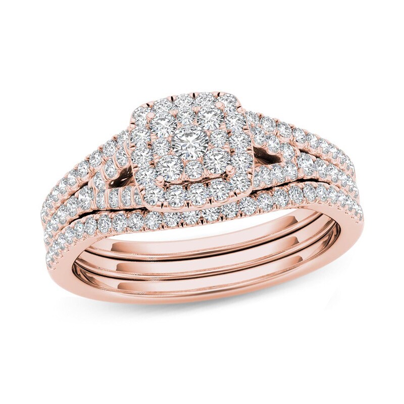 Main Image 1 of 3/4 CT. T.W. Composite Diamond Cushion Frame Three Piece Bridal Set in 14K Rose Gold