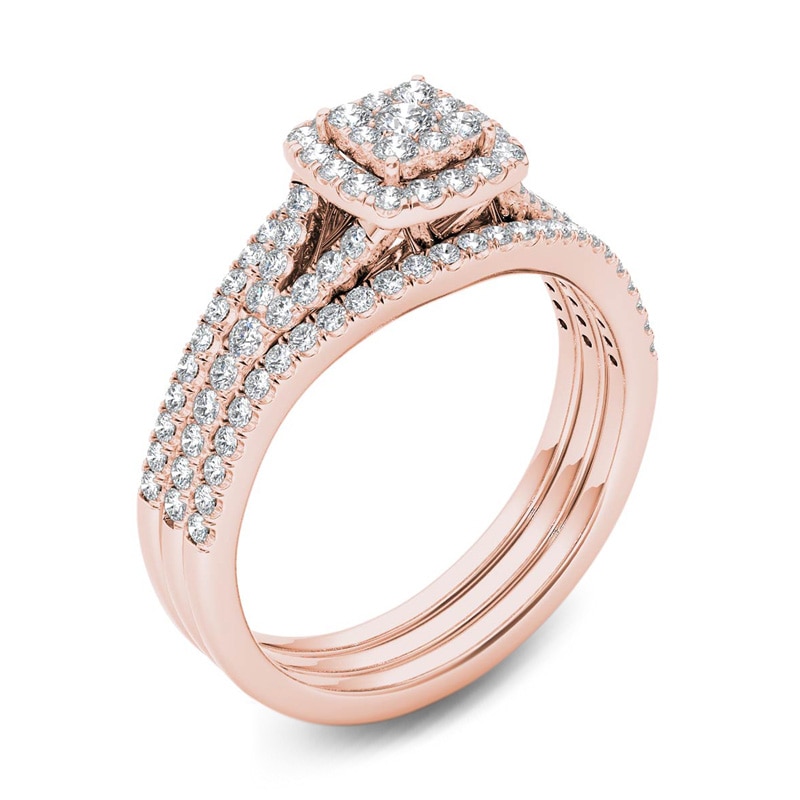 Main Image 2 of 3/4 CT. T.W. Composite Diamond Cushion Frame Three Piece Bridal Set in 14K Rose Gold