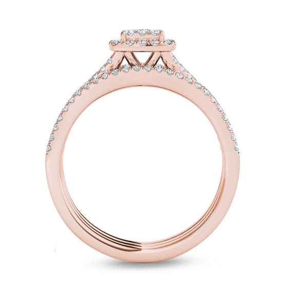 3/4 CT. T.w. Composite Diamond Cushion Frame Three Piece Bridal Set in 14K Rose Gold