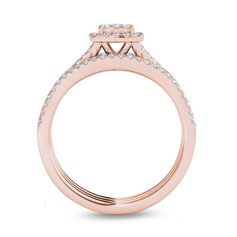 Main Image 3 of 3/4 CT. T.W. Composite Diamond Cushion Frame Three Piece Bridal Set in 14K Rose Gold