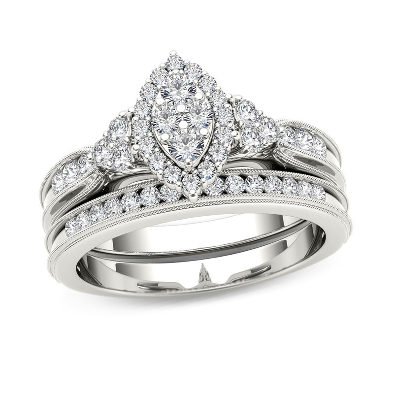 Main Image 1 of 1/2 CT. T.W. Composite Marquise Diamond with Tri-Sides Bridal Set in 14K White Gold