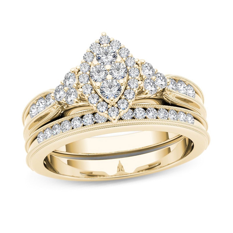 Main Image 1 of 1/2 CT. T.W. Composite Marquise Diamond with Tri-Sides Bridal Set in 14K Gold
