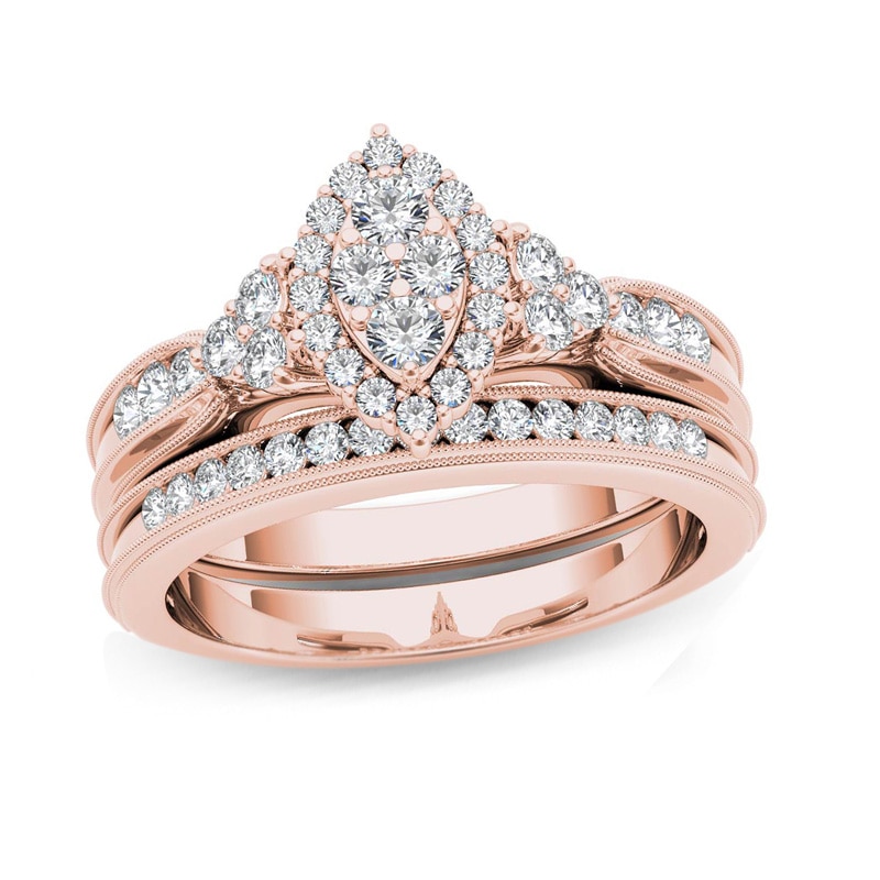 Main Image 1 of 1/2 CT. T.W. Composite Marquise Diamond with Tri-Sides Bridal Set in 14K Rose Gold