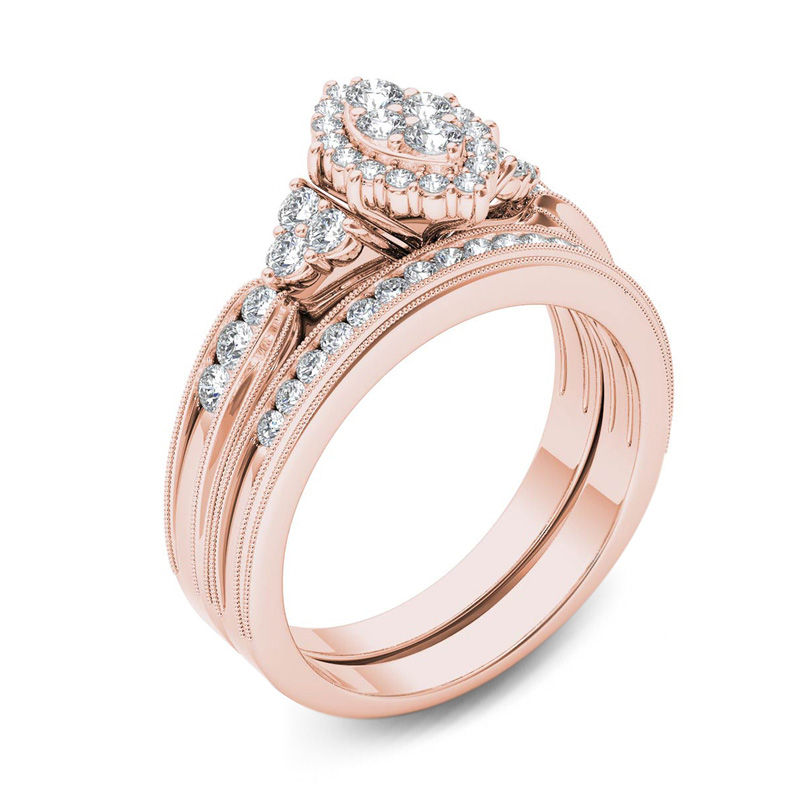 Main Image 2 of 1/2 CT. T.W. Composite Marquise Diamond with Tri-Sides Bridal Set in 14K Rose Gold