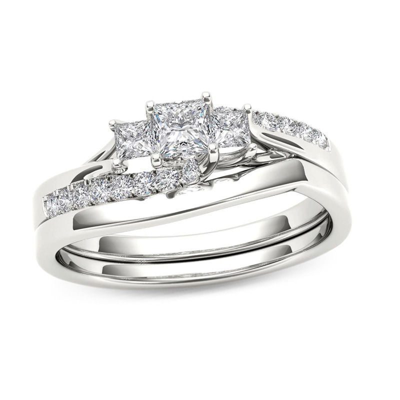 Main Image 1 of 1/2 CT. T.W. Princess-Cut Diamond Three Stone Bypass Bridal Set in 14K White Gold