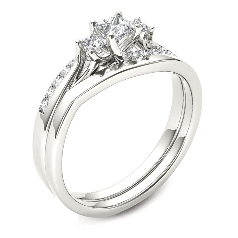 Main Image 2 of 1/2 CT. T.W. Princess-Cut Diamond Three Stone Bypass Bridal Set in 14K White Gold