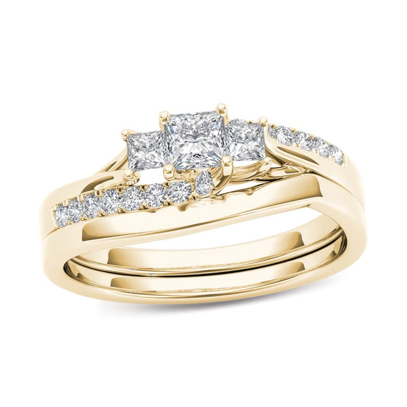 Main Image 1 of 1/2 CT. T.W. Princess-Cut Diamond Three Stone Bypass Bridal Set in 14K Gold