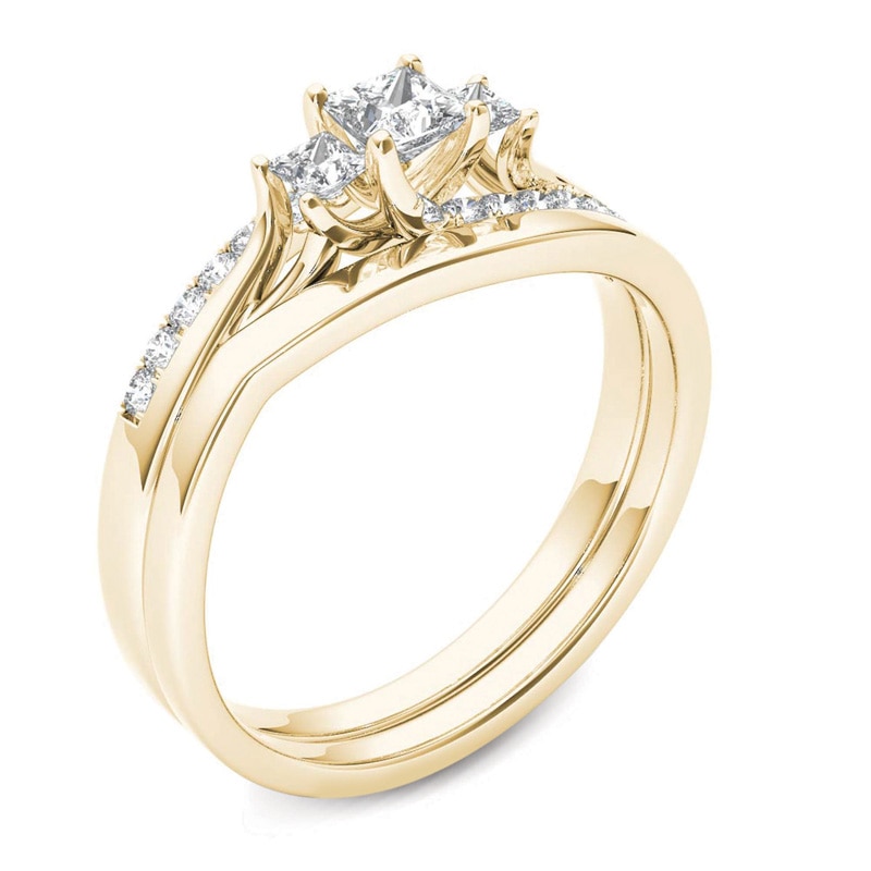 Main Image 2 of 1/2 CT. T.W. Princess-Cut Diamond Three Stone Bypass Bridal Set in 14K Gold