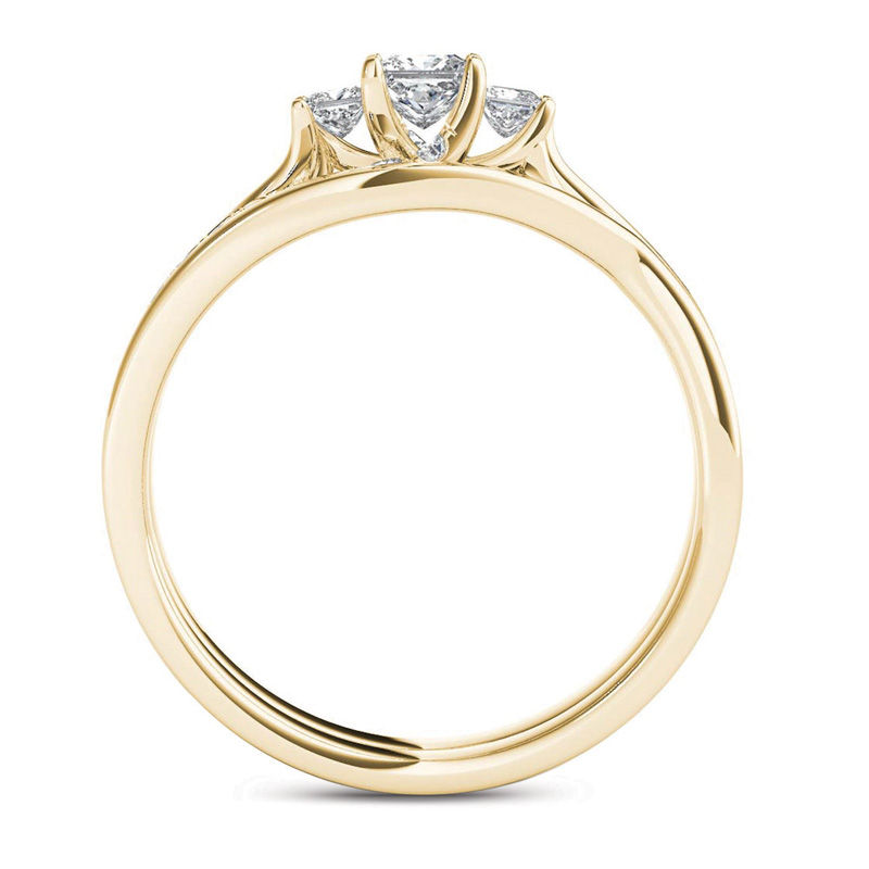 Main Image 3 of 1/2 CT. T.W. Princess-Cut Diamond Three Stone Bypass Bridal Set in 14K Gold