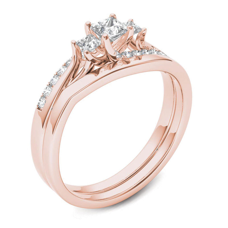 Main Image 2 of 1/2 CT. T.W. Princess-Cut Diamond Three Stone Bypass Bridal Set in 14K Rose Gold
