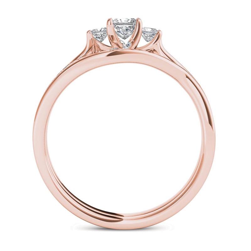 Main Image 3 of 1/2 CT. T.W. Princess-Cut Diamond Three Stone Bypass Bridal Set in 14K Rose Gold