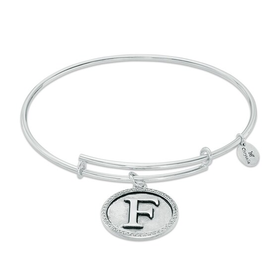 Chrysalis Cubic Zirconia "F" Initial Charm Adjustable Bangle in Sterling Silver