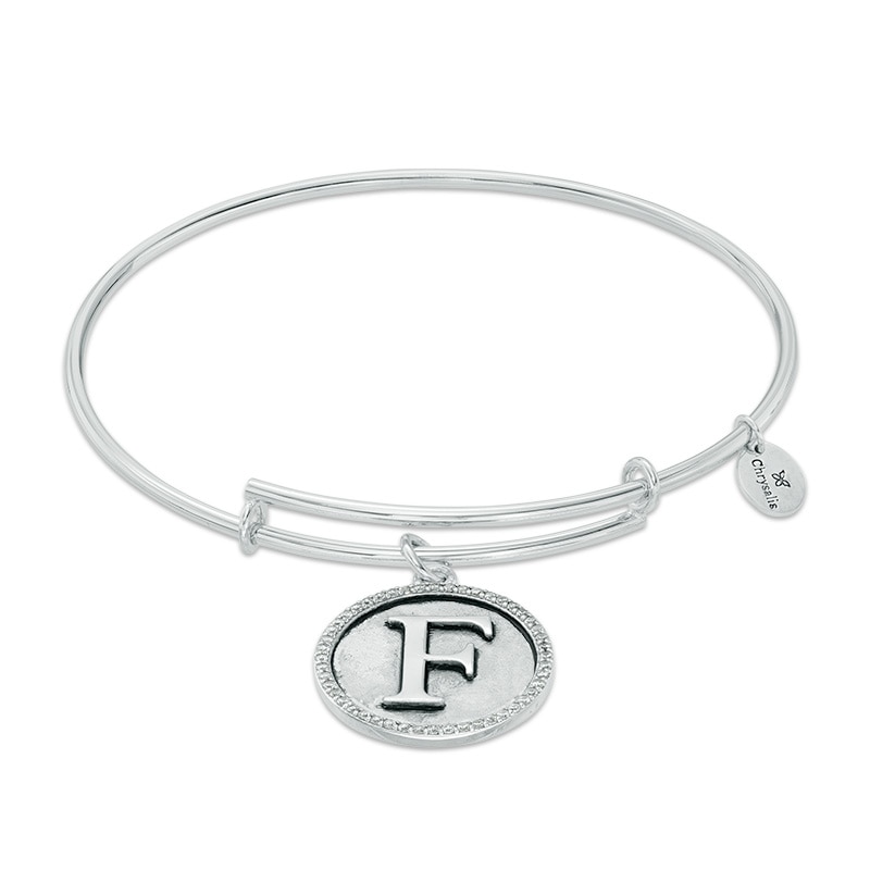 Main Image 1 of Chrysalis Cubic Zirconia "F" Initial Charm Adjustable Bangle in Sterling Silver