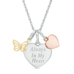 Three Piece Butterfly, Heart, and &quot;Always In My Heart&quot; Charms Pendant in Sterling Silver and 10K Two-Tone Gold