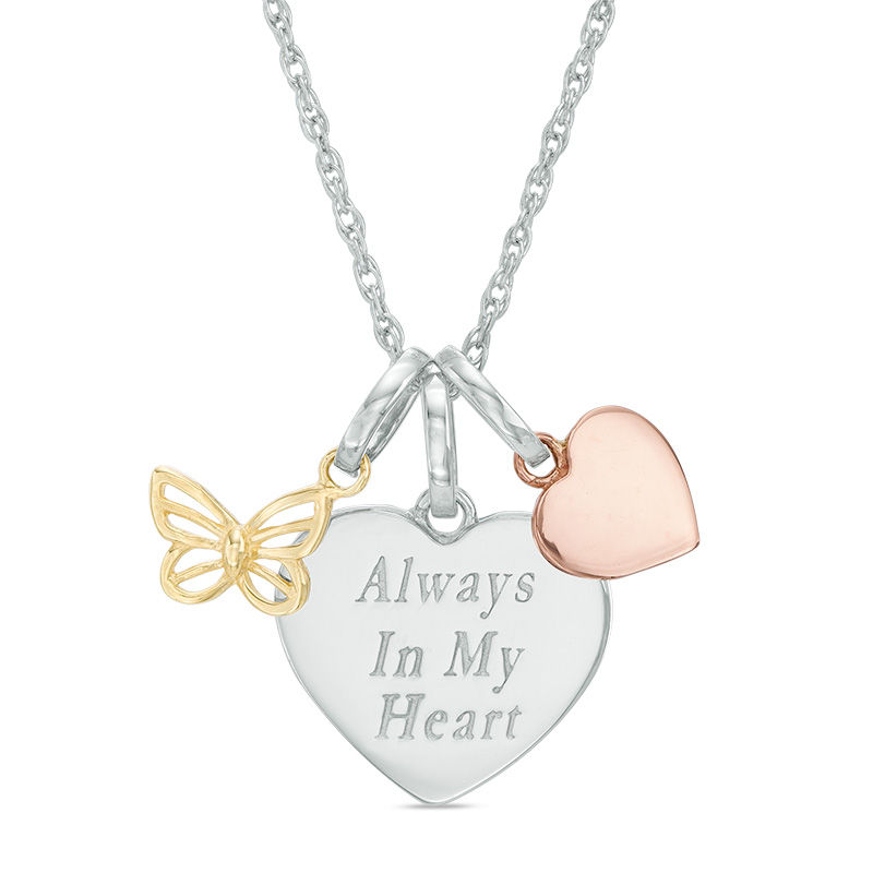 Three Piece Butterfly, Heart, and "Always In My Heart" Charms Pendant in Sterling Silver and 10K Two-Tone Gold