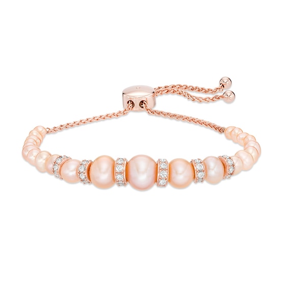 Dyed Pink Freshwater Cultured Pearl and Lab-Created White Sapphire Bracelet in Sterling Silver and 18K Rose Gold Plate