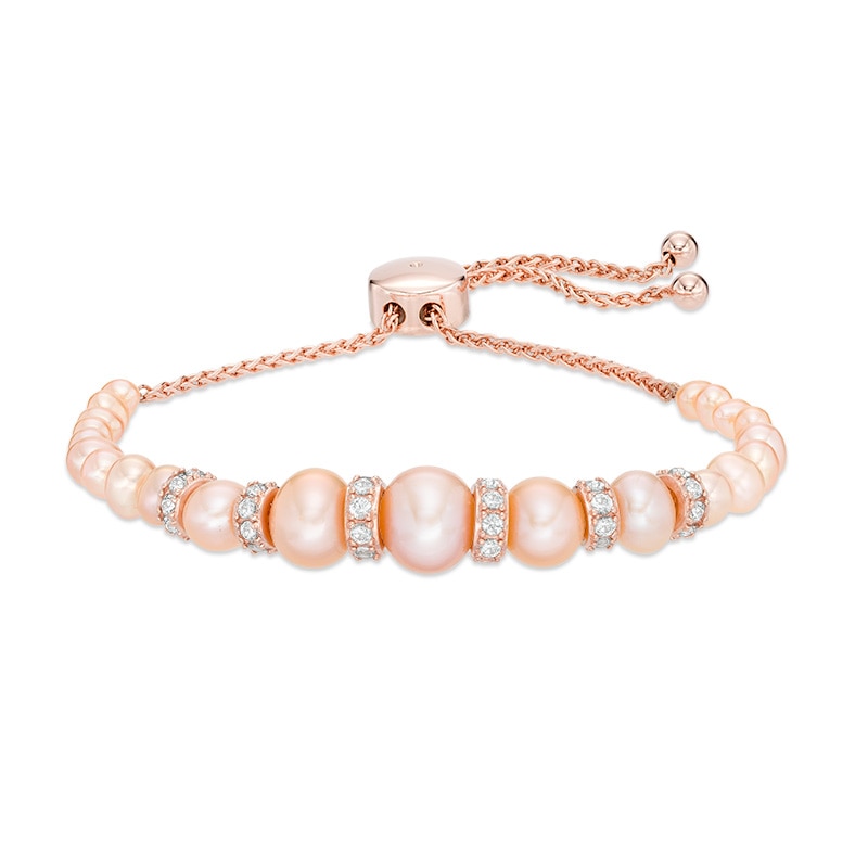 Dyed Pink Freshwater Cultured Pearl and Lab-Created White Sapphire Bracelet in Sterling Silver and 18K Rose Gold Plate