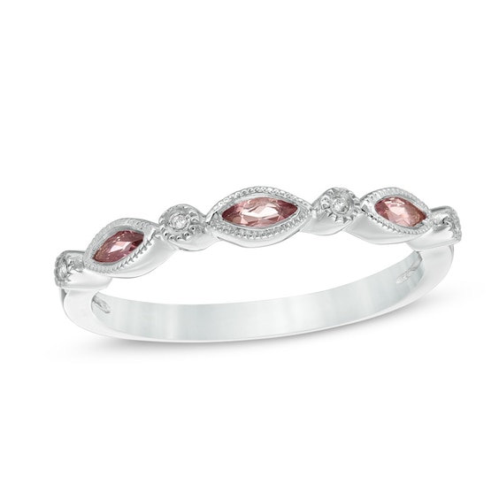 Marquise Pink Tourmaline and Diamond Accent Vintage-Style Band in 14K White Gold
