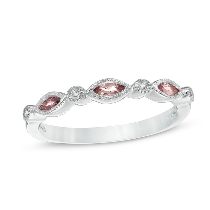 Main Image 1 of Marquise Pink Tourmaline and Diamond Accent Vintage-Style Band in 14K White Gold