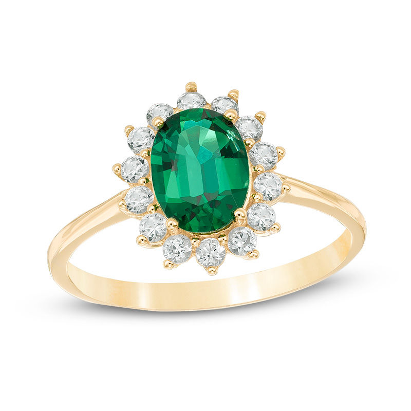 Main Image 1 of Oval Lab-Created Emerald and White Sapphire Starburst Frame Ring in 10K Gold