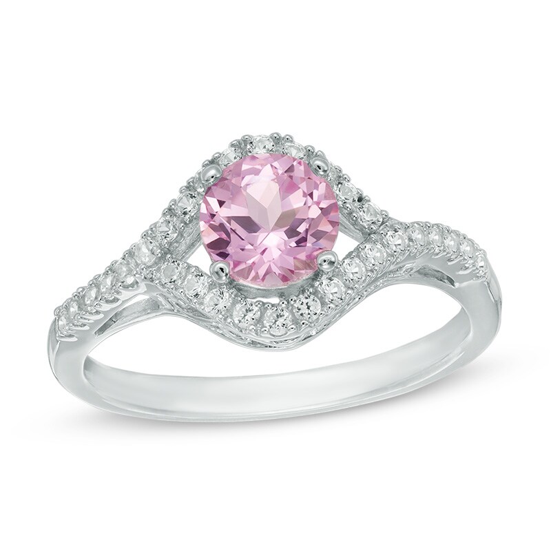 Main Image 1 of 6.0mm Lab-Created Pink and White Sapphire Frame Ring in Sterling Silver