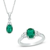 Thumbnail Image 1 of Oval Lab-Created Emerald and White Sapphire Tri-Sides Pendant and Ring Set in Sterling Silver - Size 7