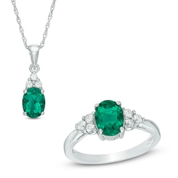 Oval Lab-Created Emerald and White Sapphire Tri-Sides Pendant and Ring Set in Sterling Silver - Size 7