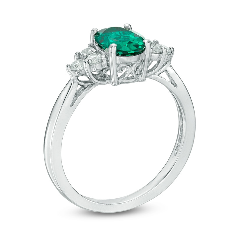 Oval Lab-Created Emerald and White Sapphire Tri-Sides Pendant and Ring Set in Sterling Silver - Size 7