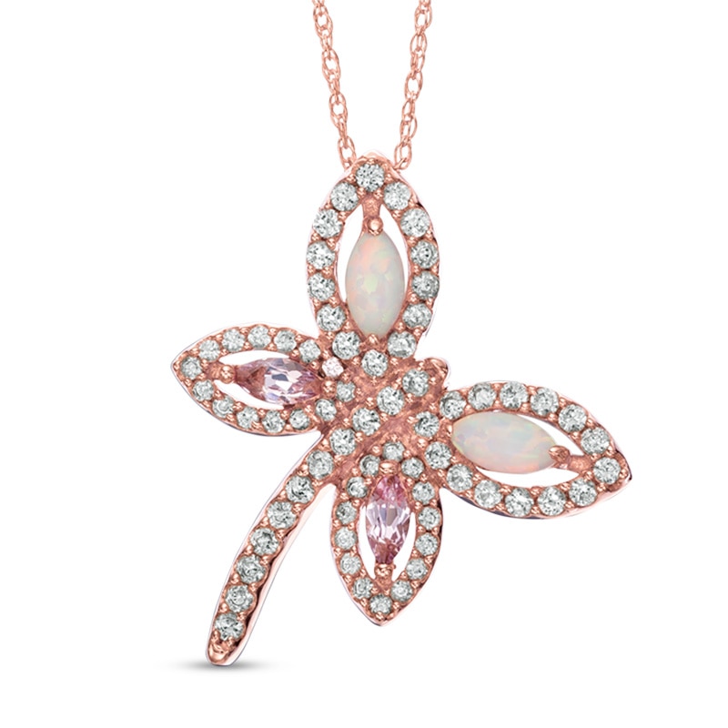 Lab-Created Opal, Pink and White Sapphire Dragonfly Pendant in Sterling Silver with 14K Rose Gold Plate