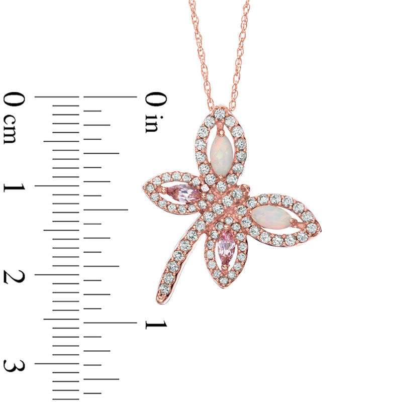 Main Image 2 of Lab-Created Opal, Pink and White Sapphire Dragonfly Pendant in Sterling Silver with 14K Rose Gold Plate