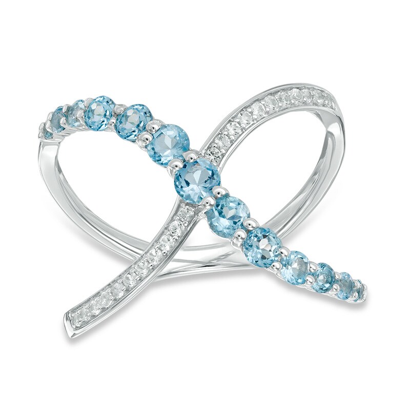 Main Image 1 of Swiss Blue Topaz and Lab-Created White Sapphire Criss-Cross Ring in Sterling Silver
