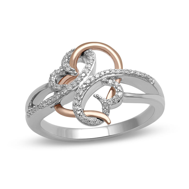 Main Image 1 of Open Hearts by Jane Seymour™ 1/10 CT. T.W. Diamond Hearts Ring in Sterling Silver and 10K Rose Gold