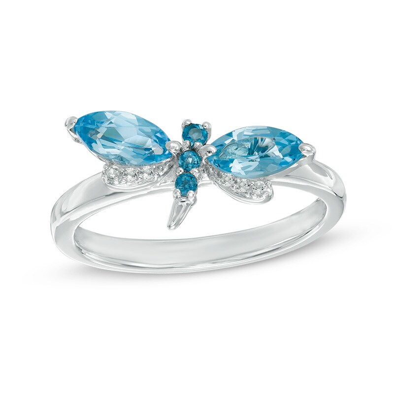 Marquise Blue Topaz and Lab-Created White Sapphire Dragonfly Ring in Sterling Silver