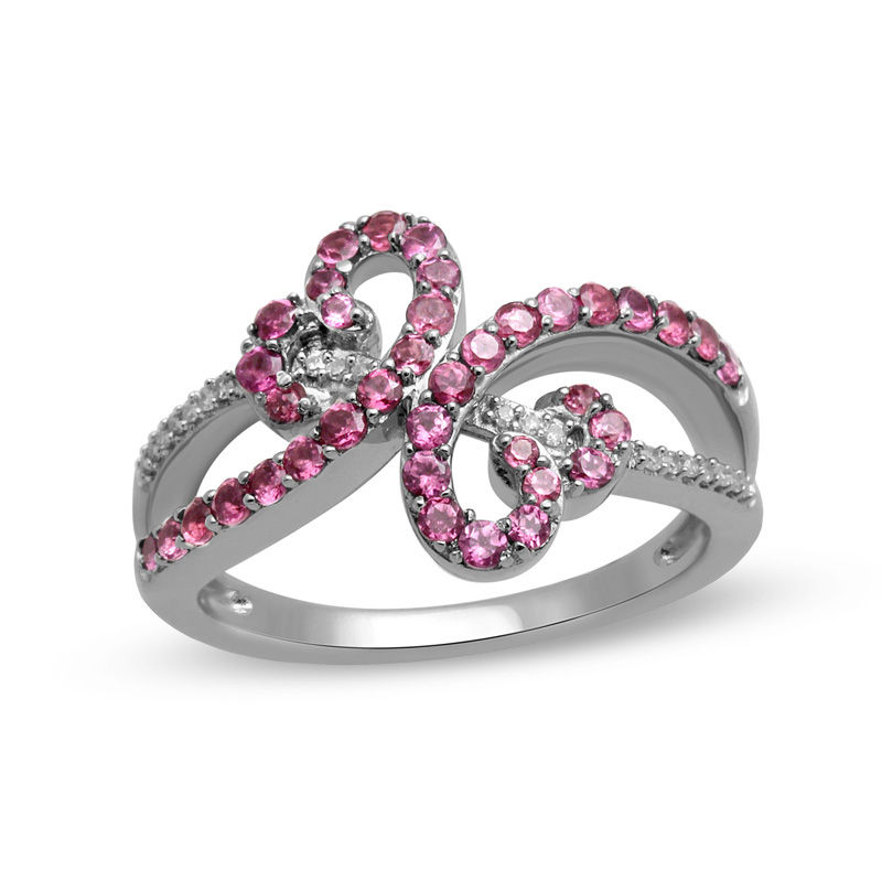 Open Hearts by Jane Seymour™ Rhodolite Garnet and 1/20 CT. T.W. Diamond Wave Ring in Sterling Silver