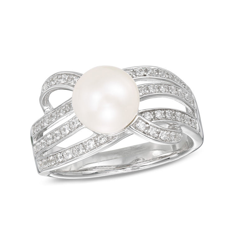 Main Image 1 of 7.5-8.0mm Freshwater Cultured Pearl and White Topaz Multi-Row Ring in Sterling Silver
