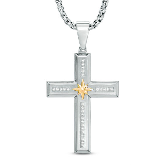 Men's 1/4 CT. T.w. Diamond Cross with Star Pendant in Stainless Steel and 10K Gold - 24"