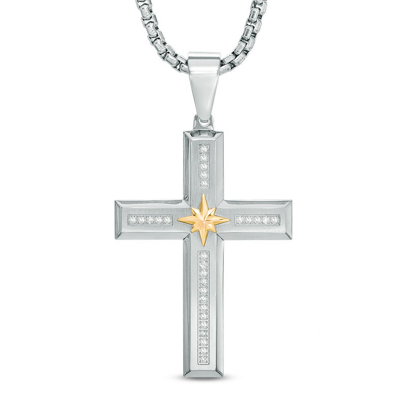 Main Image 1 of Men's 1/4 CT. T.W. Diamond Cross with Star Pendant in Stainless Steel and 10K Gold - 24"