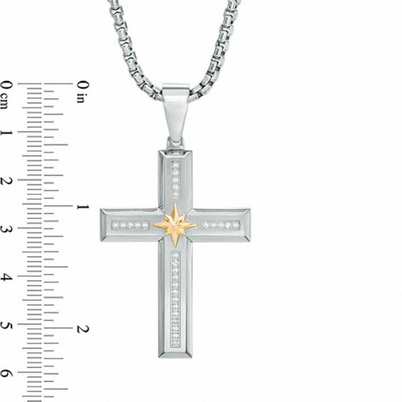 Men's 1/4 CT. T.w. Diamond Cross with Star Pendant in Stainless Steel and 10K Gold - 24"