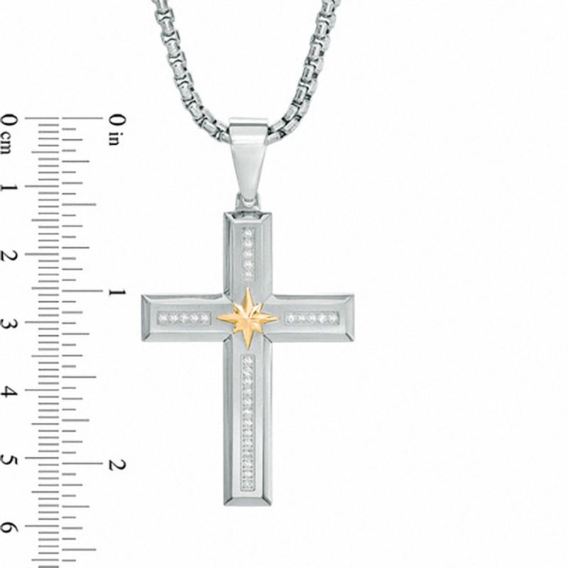 Main Image 3 of Men's 1/4 CT. T.W. Diamond Cross with Star Pendant in Stainless Steel and 10K Gold - 24"