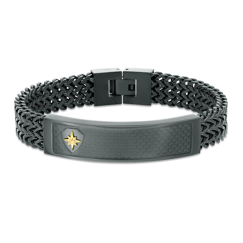 Men's ID Bracelet in Black IP Stainless Steel with Carbon fiber and 10K Gold - 8.5"