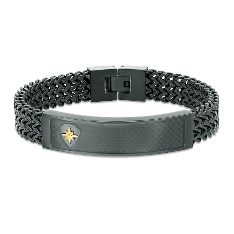 Main Image 1 of ID Bracelet in Black IP Stainless Steel with Carbon fiber and 10K Gold - 8.5"